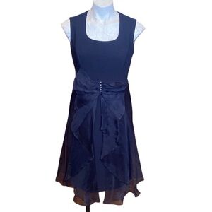 Mieka flowing taffeta Cocktail Dress black bow with rhinestones midi Sz 10